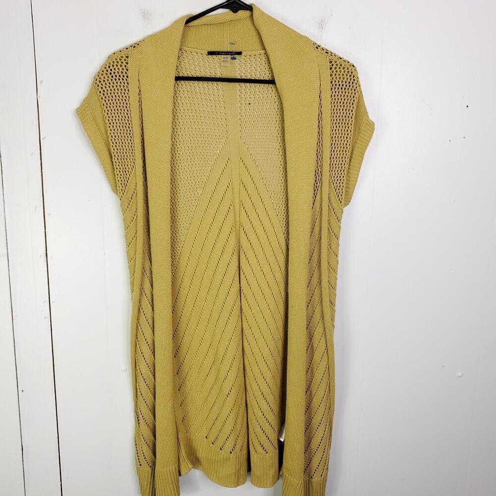 Tahari Sweater Womens XS Pointelle Cardigan Open Knit Mustard Beachy Longline